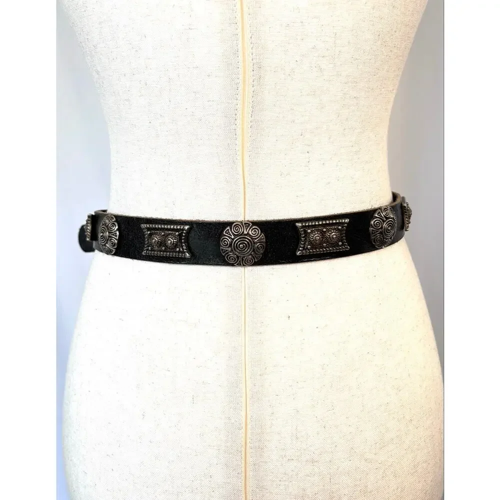 Conch Belt Black Leather Floral Aztec Silver Tone Patina Women’s Size S